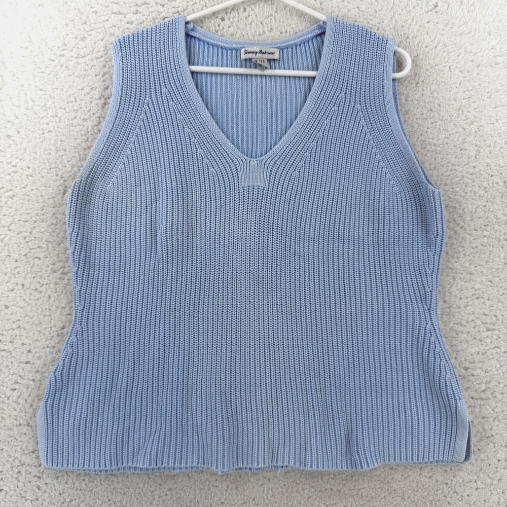 Tommy Bahama Sweater Vest Womens XL Blue Pima Cotton Rayon Bamboo V Neck Knit